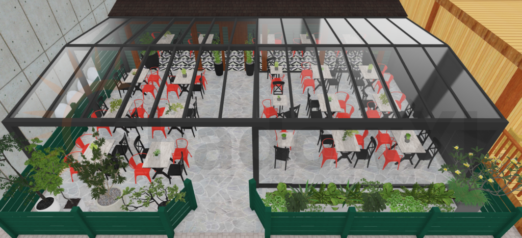 poglądowy projekt szklanej zabudowy tarasu przy restauracji