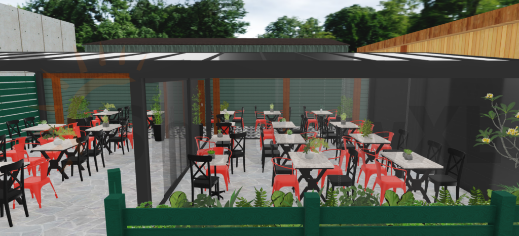 szklana weranda jako ogródek restauracyjny na projekcie